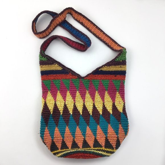 Crossbody woven harlequin Purse hand bag large multicolored zippered top bucket - Picture 5 of 9